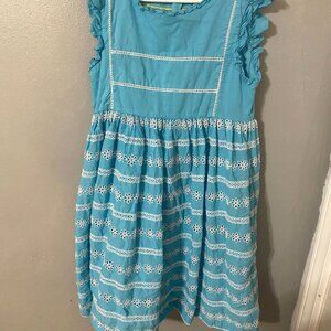 Mini Boden Light Blue Dress White Trim Girls 11-12Y Flutter Sleeve Cotton Lined